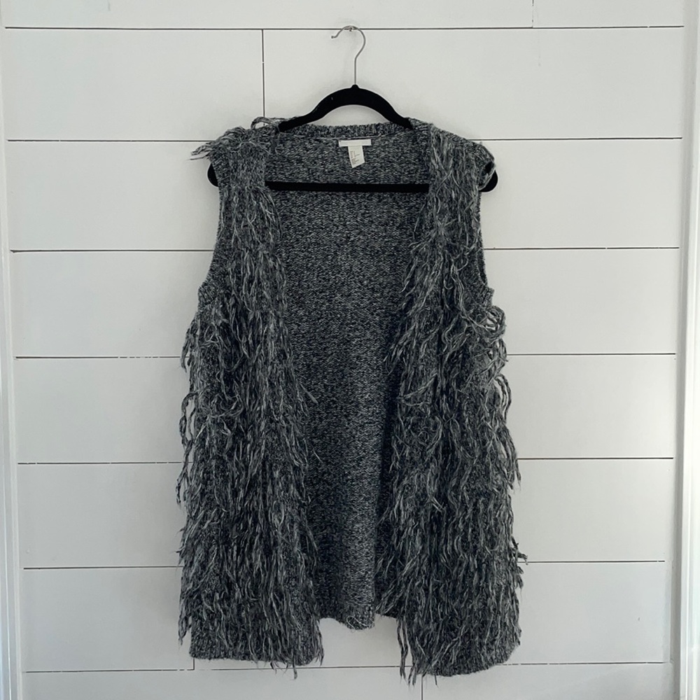 H&M Knit Open Sleeveless Frayed Sweater Vest Gray S #0127